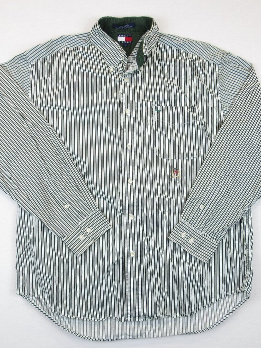 Tommy Hilfiger Shirt Men’s VTG Large Long Sleeve Button Up Striped Green White